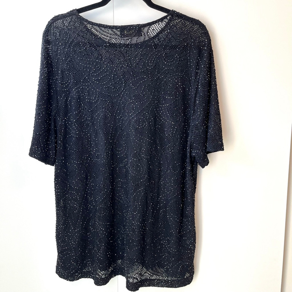 Vintage Dana Buchman Black Beaded Open Knit Top Sheer Sparkle Evening Wear L/XL - Picture 9 of 13
